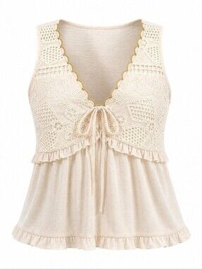 MELLODAY Blush Crochet Lace Tie-Front Bohemian Peplum Camisole Sz M NWT